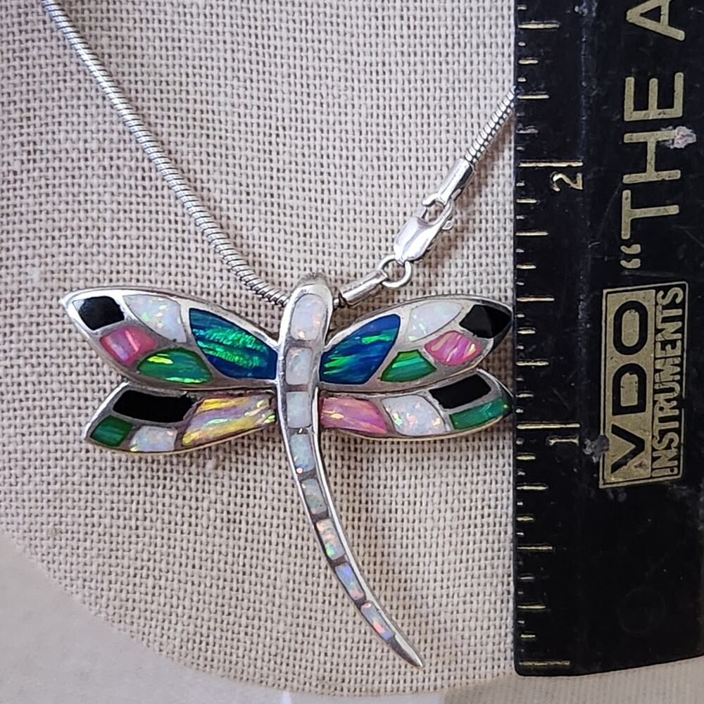 Vintage Sterling Silver Colorful DRAGONFLY Pendant Brooch with 18" Chain - Picture 9 of 10